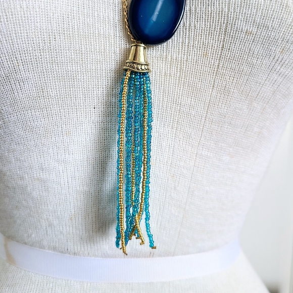 "The Sash" Braided Gold & Blue Beadwork w/ Agate Pendants & Gold Chain Necklace - Picture 3 of 7